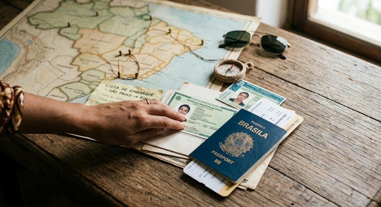 mão feminina sobre um mapa e documentos