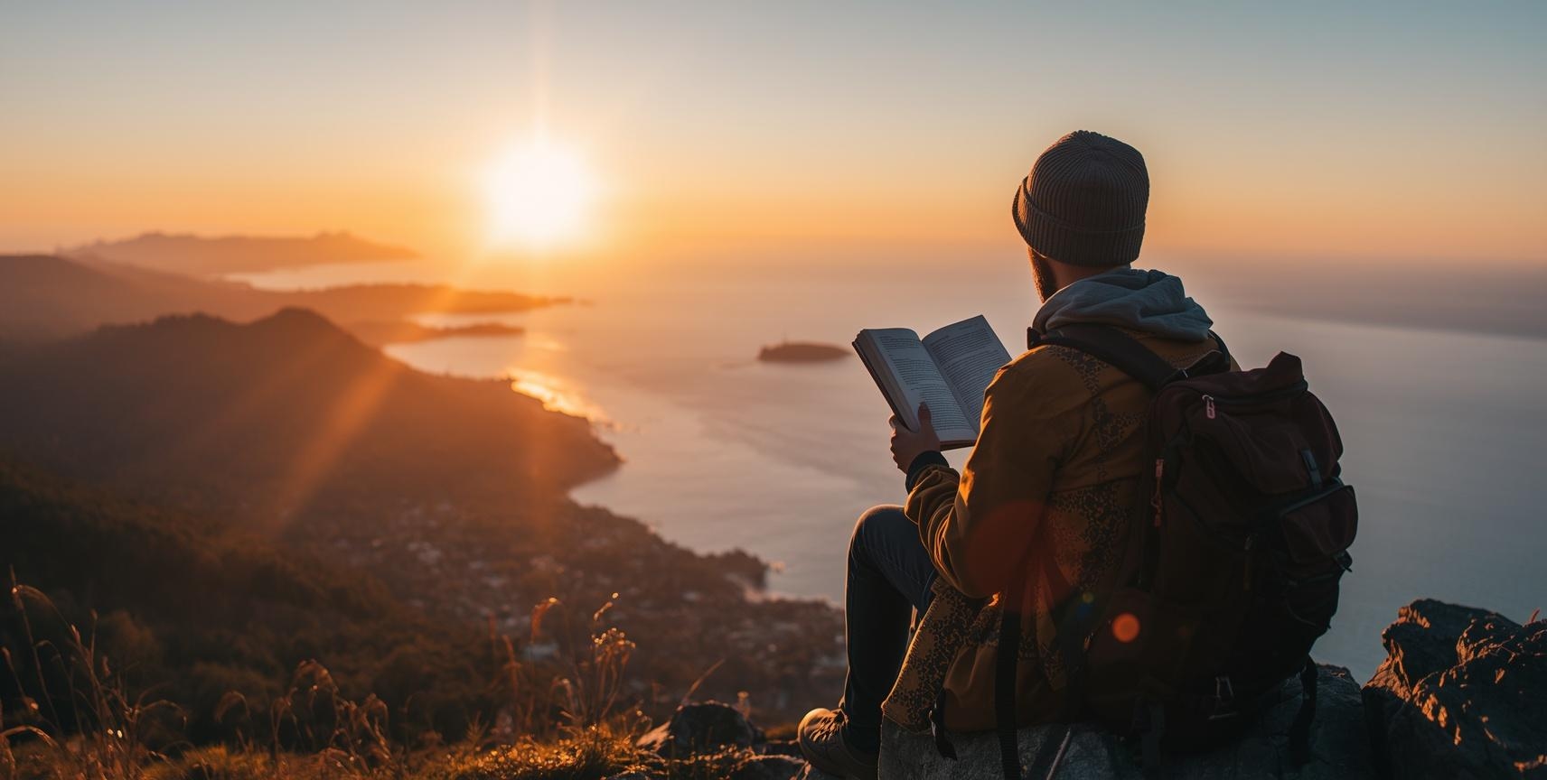 homem lendo livro na montanha