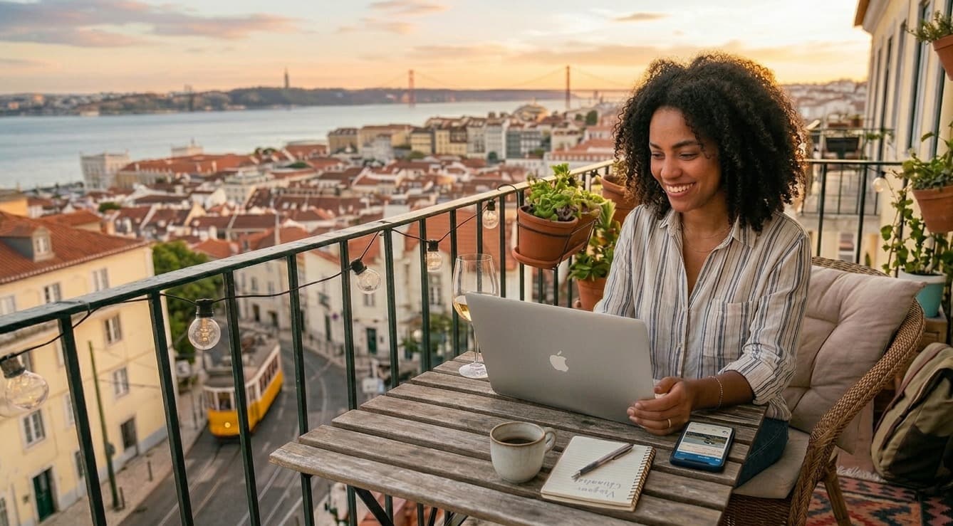 mulher com um macbook em uma varanda