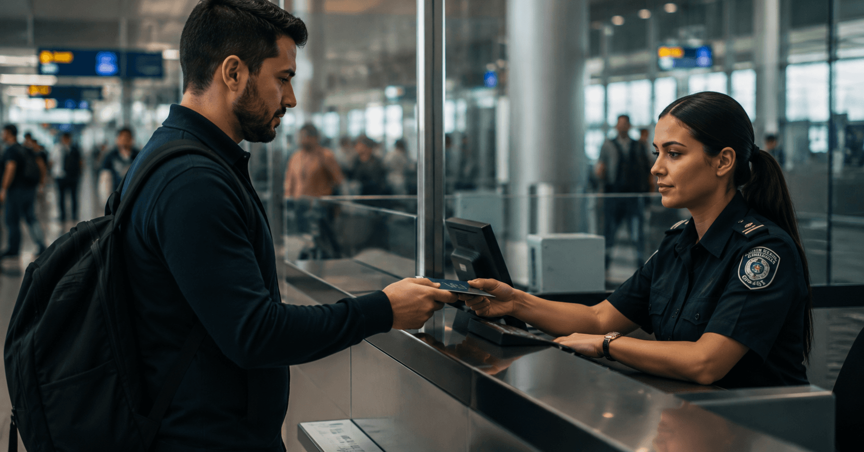 homem entregando passaporte na recepção de aeroporto