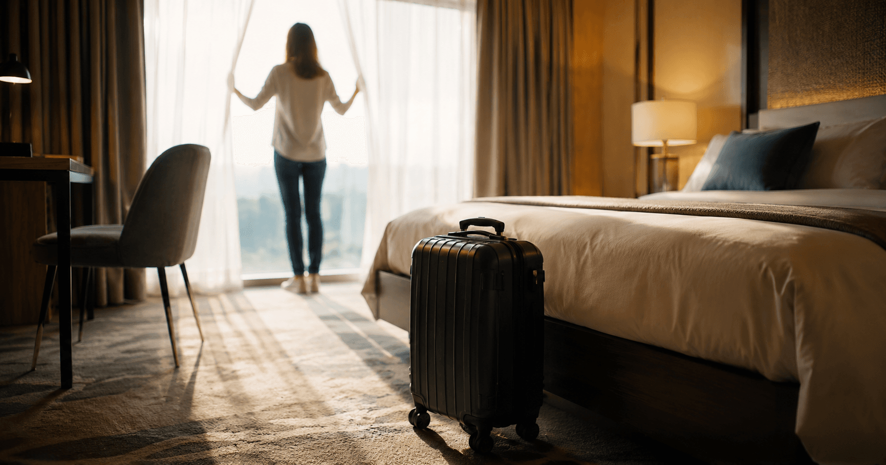 mulher olhando uma janela no quarto de hotel